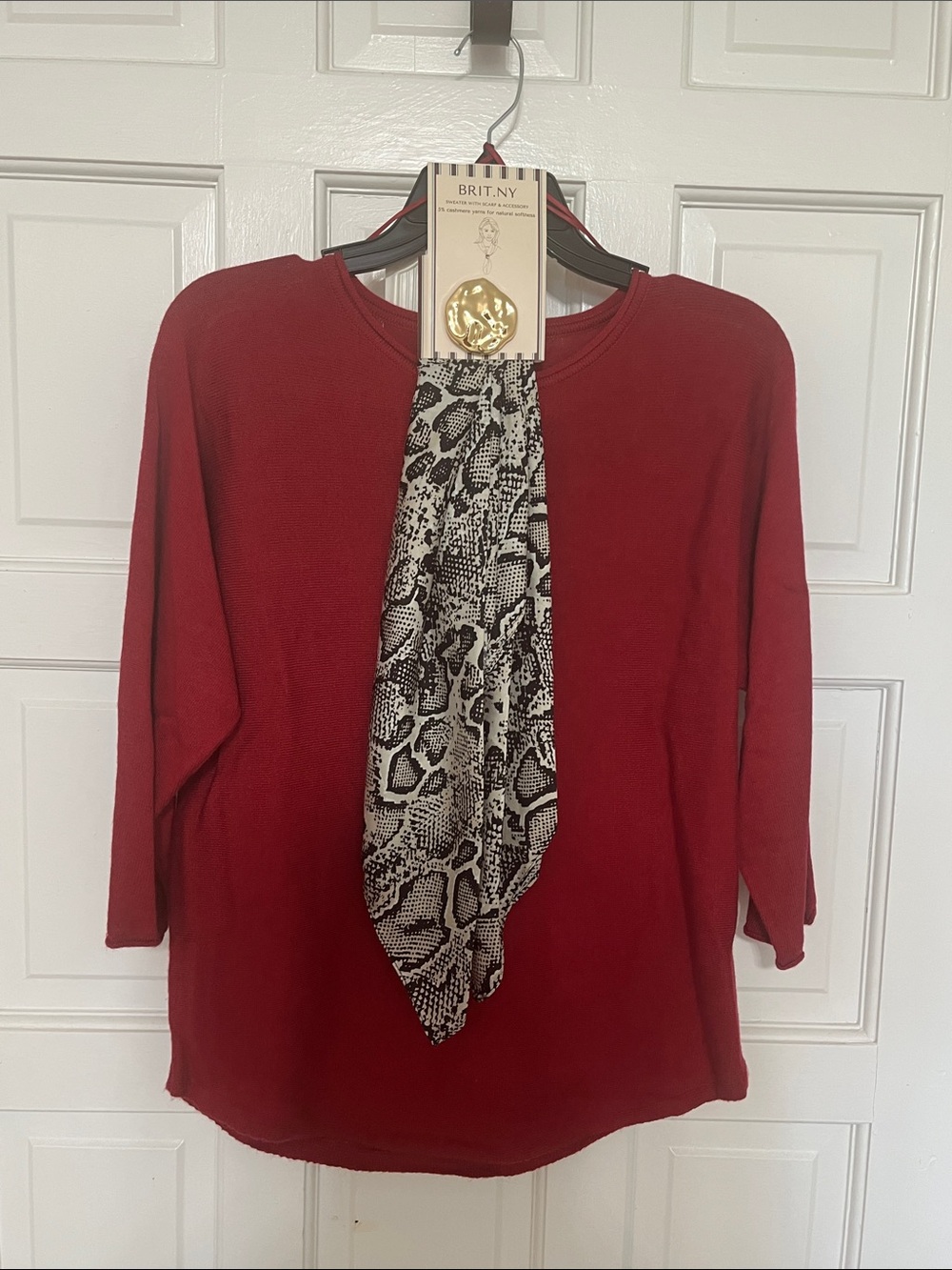 Luxe Red Long-Sleeve Crewneck with Black-and-White Snake Scarf